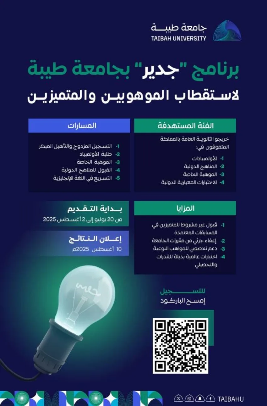جامعة طيبة تفتح باب التسجيل في برنامج جدير