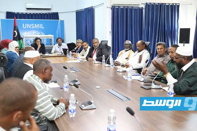 جانب من لقاء نائبة الممثلة الخاصة للأمين العام للأمم المتحدة في ليبيا ستيفاني خوري مع وفد من مدينة تاورغاء، الإثنين 21 يوليو 2025 (صفحة البعثة الأممية)
