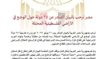عاجل.. مصر تعبر عن تأييدها للبيان الذي أصدرته 25 دولة بشأن الأوضاع في الأراضي الفلسطينية المحتلة