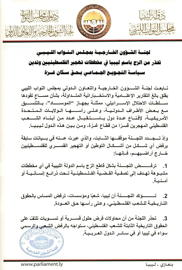 مجلس النواب الليبي ينبه من “خطط الاستعمار لترحيل الفلسطينيين” إلى ليبيا