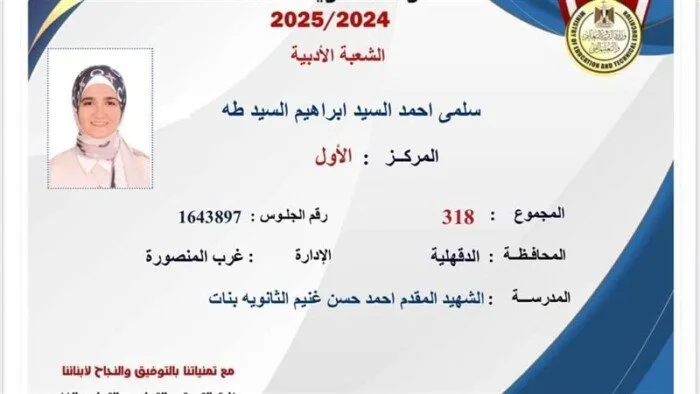 “سلمى أحمد” تتصدر القسم الأدبي: النتائج مكافأة من الله لي.. هدفى الالتحاق بكلية الألسن.