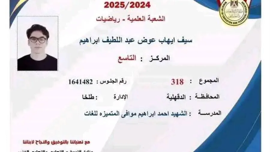 “سيف” يحصل على المركز التاسع في الثانوية العامة علمي رياضة: والدتي هي سر نجاحي وطموحي في دراسة الهندسة “سيف” يحصل على المركز التاسع في الثانوية العامة علمي رياضة: والدتي هي سر نجاحي وطموحي في دراسة الهندسة