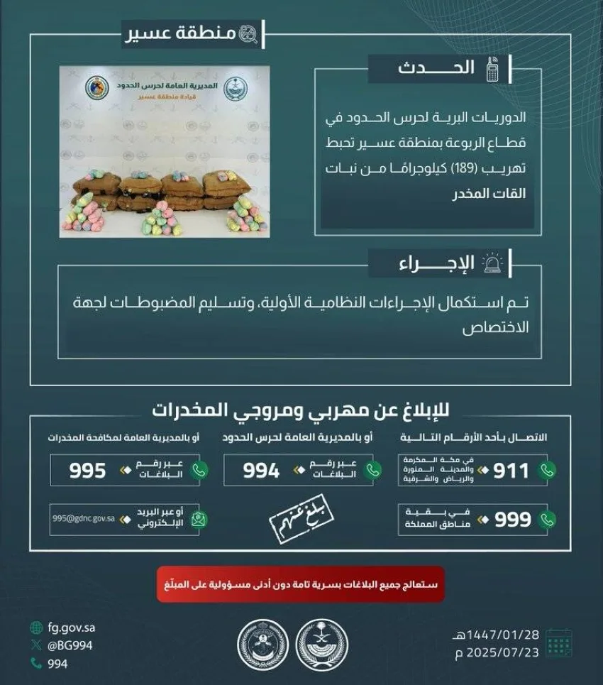 إحباط محاولة تهريب 189 كيلوغراماً من نبات القات في عسير إحباط محاولة تهريب 189 كيلوغراماً من نبات القات في عسير