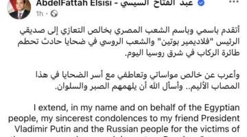 الرئيس السيسي يعبر عن تعازيه لبوتين والشعب الروسي في víctimas حادثة تحطم الطائرة.