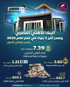 البنك الأهلي المصري يتصدر قائمة أكبر البنوك في مصر لعام 2025 بأصول تصل إلى 7.39 تريليون جنيه البنك الأهلي المصري يتصدر قائمة أكبر البنوك في مصر لعام 2025 بأصول تصل إلى 7.39 تريليون جنيه