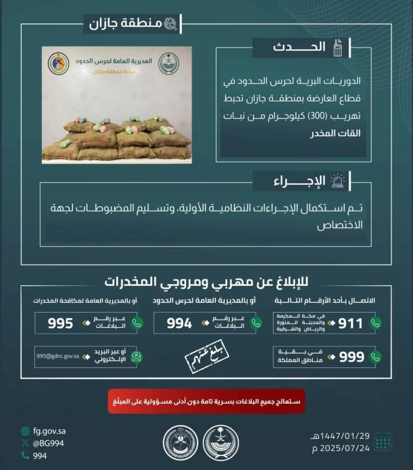 حرس الحدود في جازان يوقف محاولة تهريب 300 كيلوجرام من نبتة القات المخدرة.