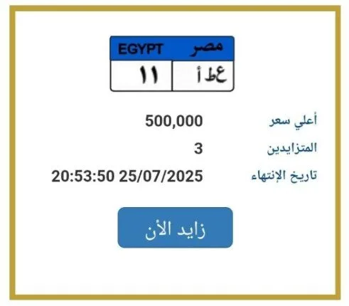 مزاد مثير على لوحة سيارة فريدة برقم «ع ط أ 11» يصل إلى نصف مليون جنيه مزاد مثير على لوحة سيارة فريدة برقم «ع ط أ 11» يصل إلى نصف مليون جنيه