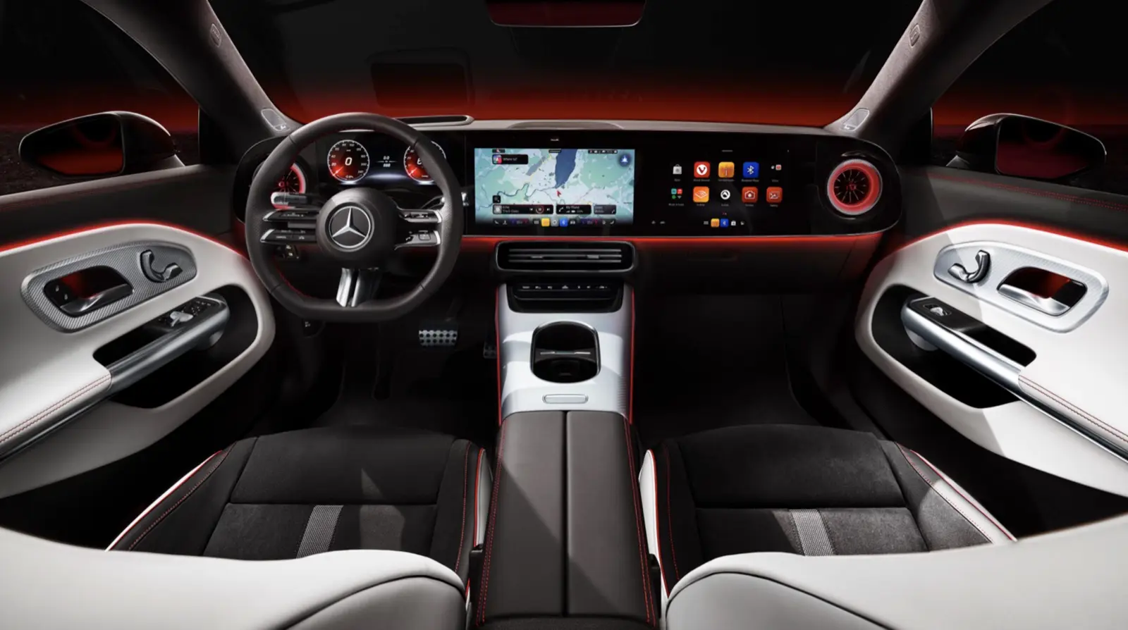 سيارة مرسيدس CLA 250+ الكهربائية من الداخل وتظهر الصورة التصميم الفاخر والتكنولوجيا المتقدمة والميزات المبتكرة.