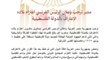 مصر تعبر عن ترحيبها بإعلان الرئيس الفرنسي عن نية بلاده الاعتراف بفلسطين كدولة.