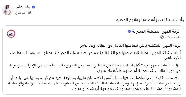«بعد مساندتها خلال محنتها الأخيرة».. وفاء عامر تتقدم بالشكر إلى نقابة المهن التمثيلية.