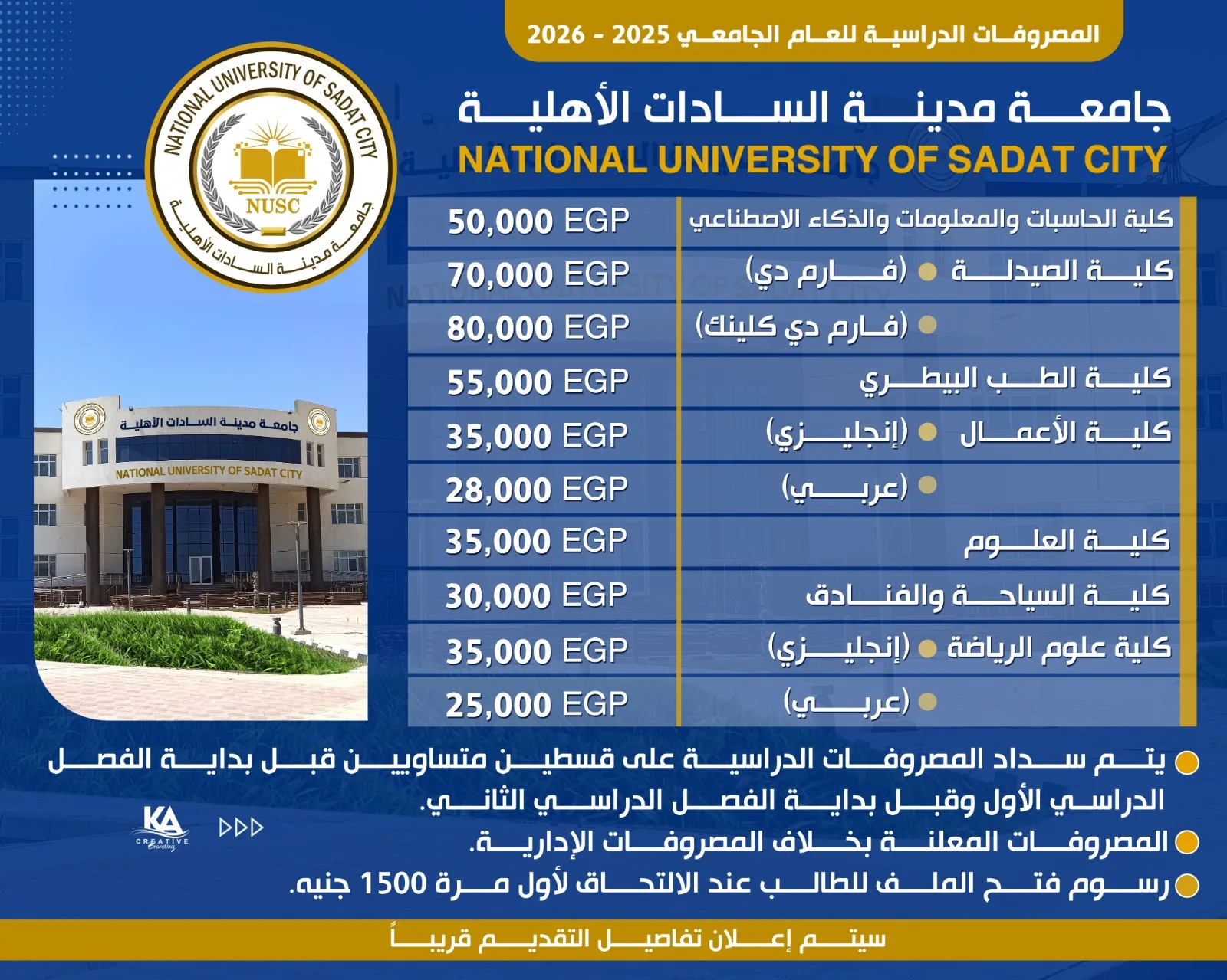 اكتشف رسوم الدراسة في جامعة مدينة السادات الأهلية للعام الدراسي 2025-2026