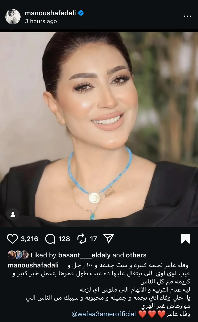 منة فضالي تدافع عن وفاء عامر بعد اتهامات «شيكا»: نجمة أصيلة ومن العيب ما يُقال عنها منة فضالي تدافع عن وفاء عامر بعد اتهامات «شيكا»: نجمة أصيلة ومن العيب ما يُقال عنها