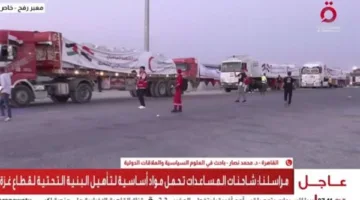عاجل.. مراسل “القاهرة الإخبارية”: شاحنات الإغاثة المتوجهة إلى غزة تحتوي على مواد غذائية ومعدات لإعادة تأهيل البنية التحتية