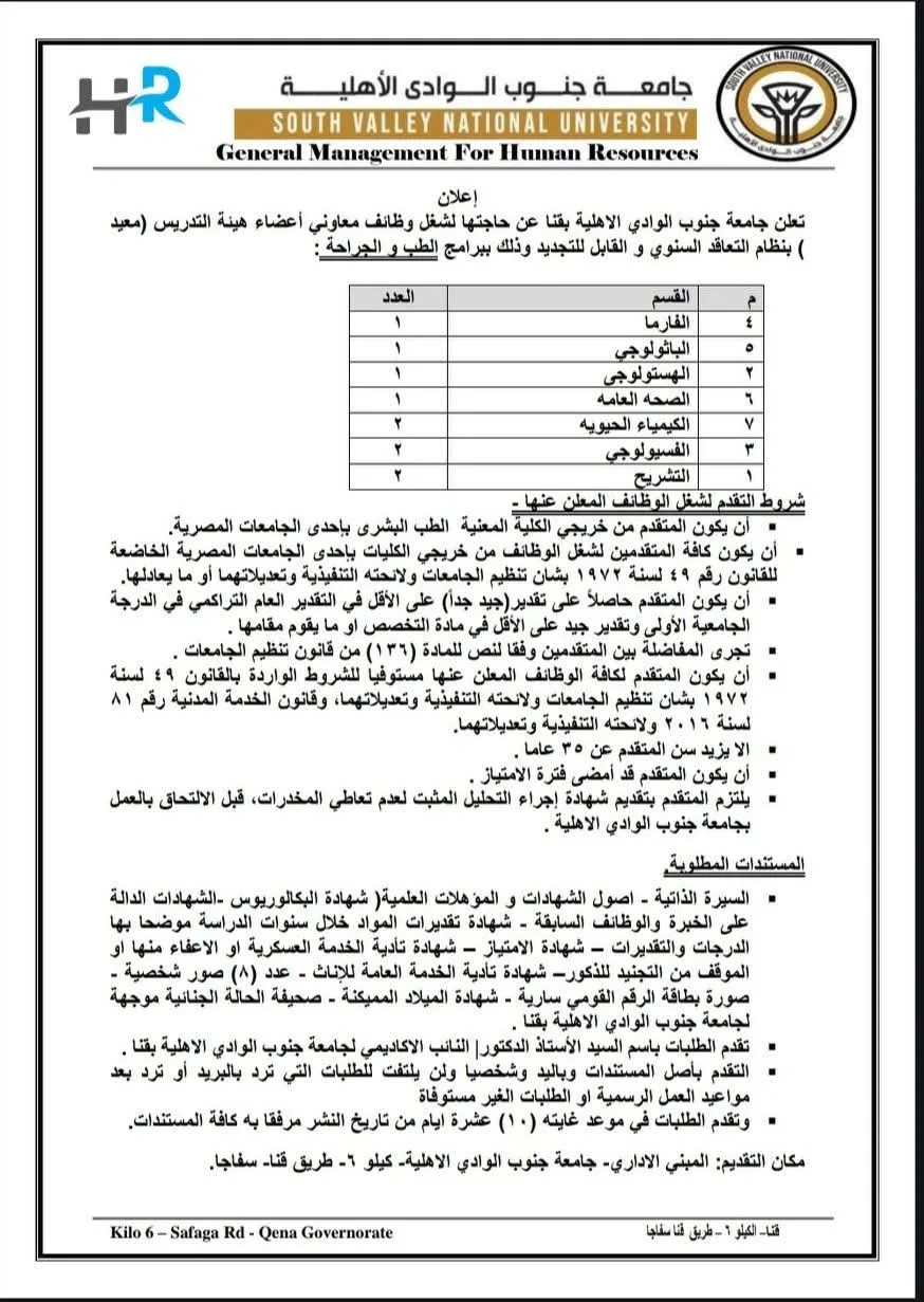 وظائف شاغرة في جامعة جنوب الوادي الأهلية | الموعد النهائي للتقديم 5 أغسطس