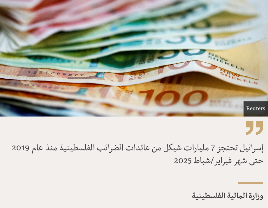 "إسرائيل تحتجز 7 مليارات شيكل من عائدات الضرائب الفلسطينية منذ عام 2019 حتى شهر فبراير/شباط 2025", Source: وزارة المالية الفلسطينية, Source description: , Image: 