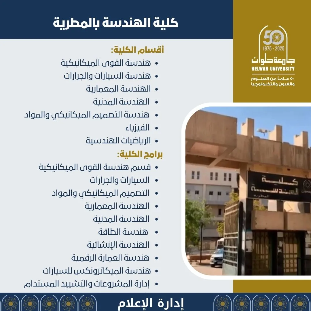 توجيهات الجامعات 2025: معلومات حول الدراسة في كلية الهندسة بالمطرية بجامعة حلوان توجيهات الجامعات 2025: معلومات حول الدراسة في كلية الهندسة بالمطرية بجامعة حلوان