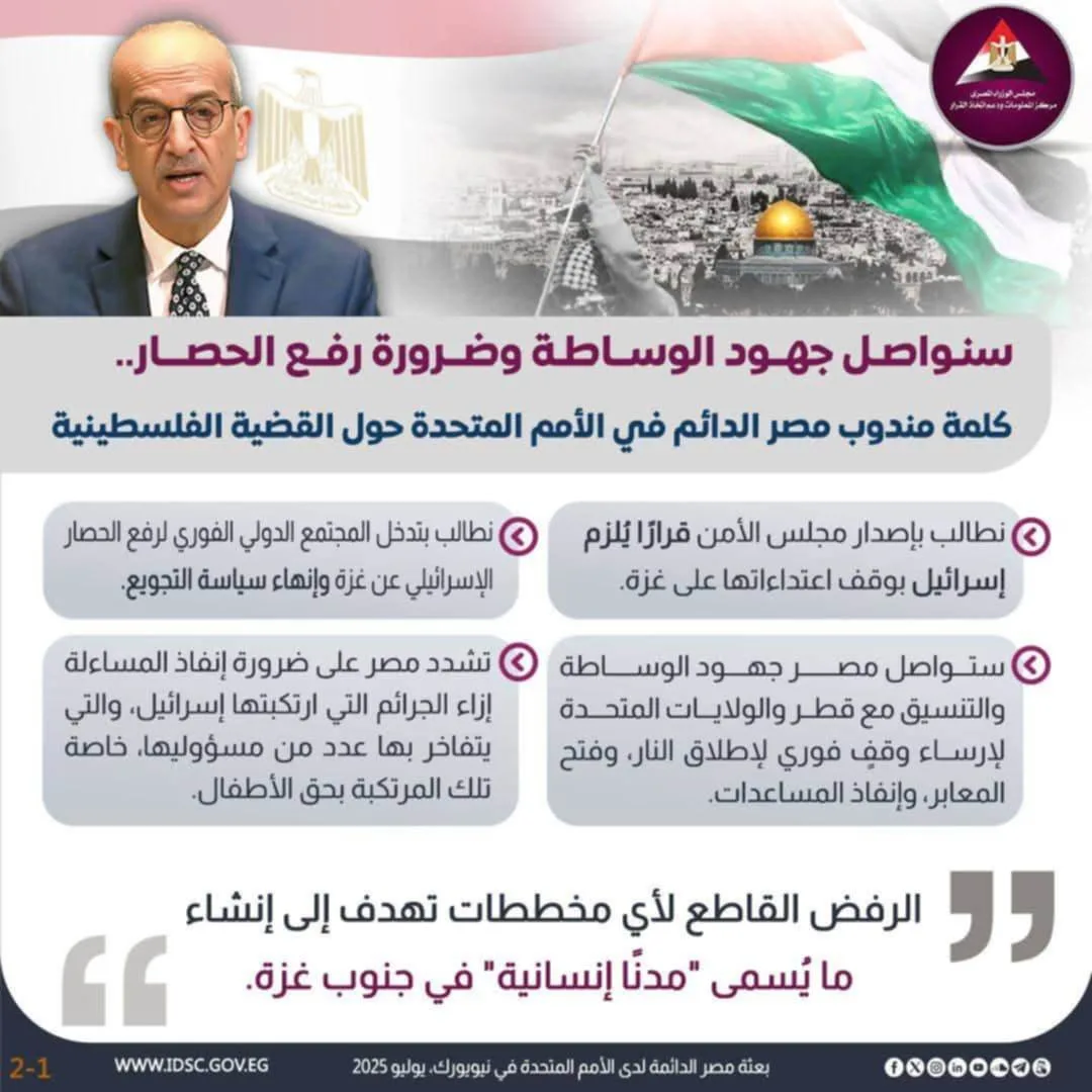 إنفوجراف: أهم تصريحات ممثل مصر في الأمم المتحدة حول الحصار الإسرائيلي على “غزة”