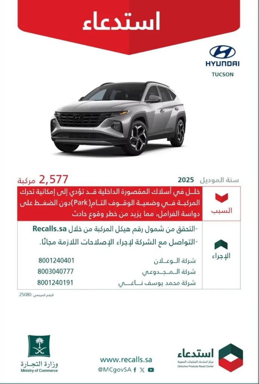التجارة: استرجاع (2,577) سيارة هيونداي توسان