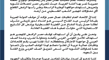 نقابة العمال تعلن حالة الطوارئ لمواجهة حملات تشويه مصر.