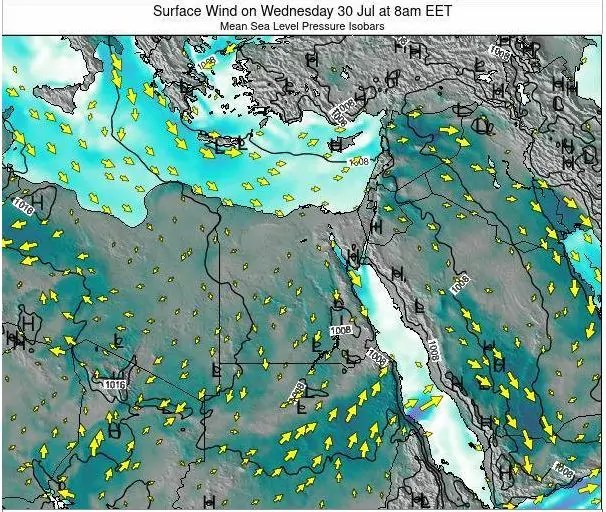خريطة نشاط واتجاه الرياح من موقع ويزر فوركاست