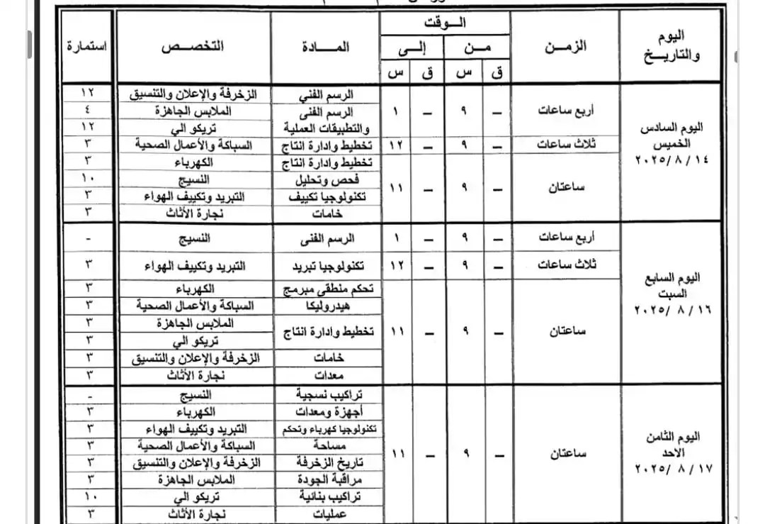 جداول امتحانات الدبلومات الفنية الدور الثاني 2025