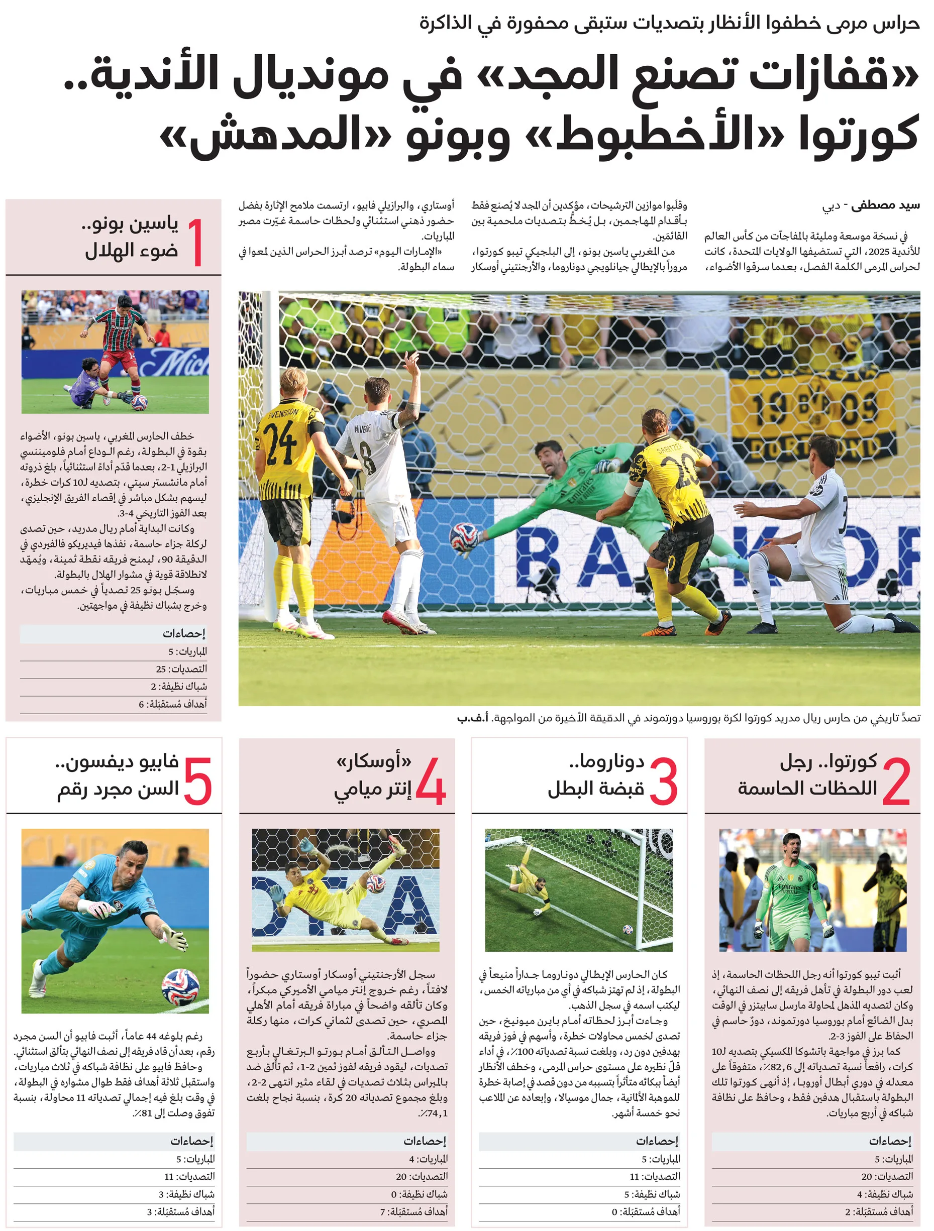 «قفازات تكتب التاريخ» في مونديال الأندية.. كورتوا «الأخطبوط» وبونو «المذهل» «قفازات تكتب التاريخ» في مونديال الأندية.. كورتوا «الأخطبوط» وبونو «المذهل»