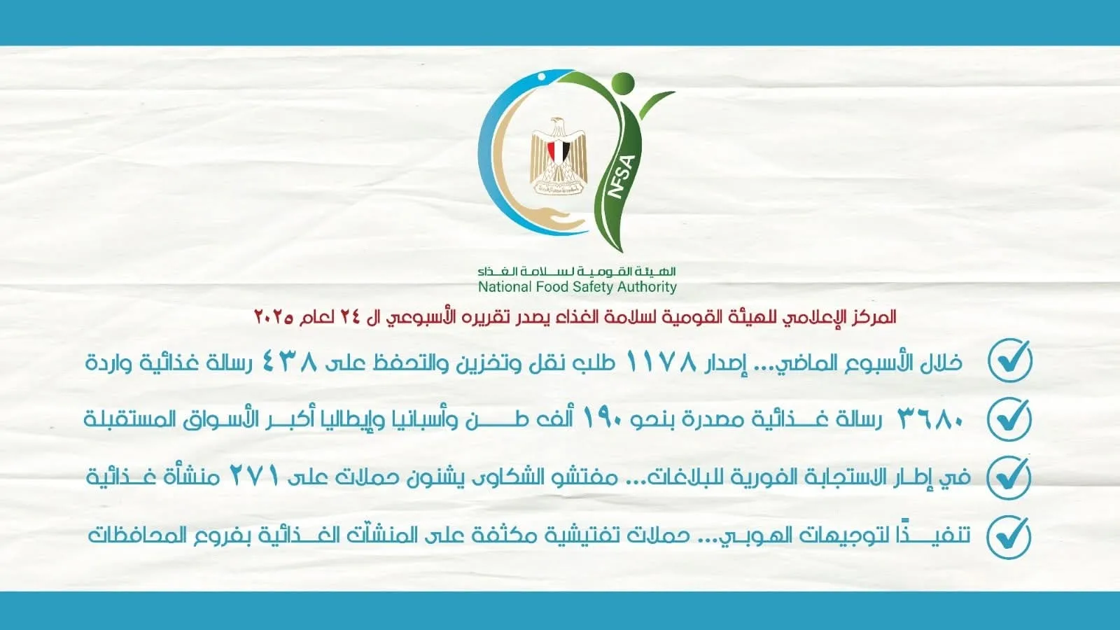 المركز الإعلامي للهيئة القومية لسلامة الغذاء ينشر تقريره الأسبوعي الرابع والعشرين لعام 2025