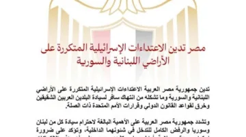 مصر تندد بالهجمات الإسرائيلية المتكررة على الأراضي اللبنانية والسورية