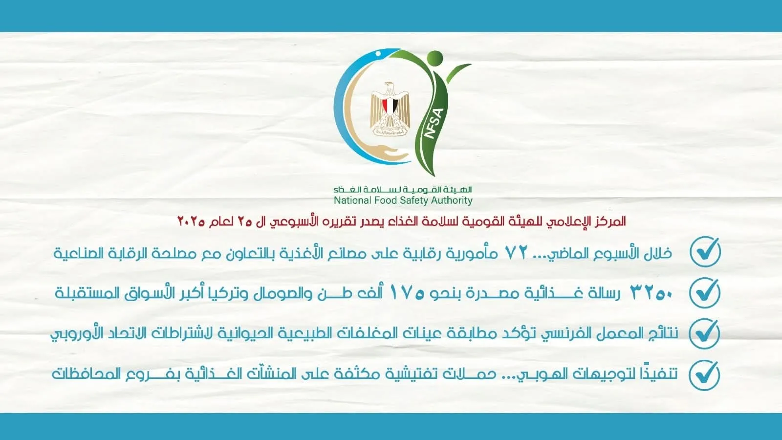 المركز الإعلامي للهيئة القومية لسلامة الغذاء ي发布 تقريره الأسبوعي الخامس والعشرين لعام 2025