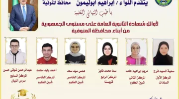 محافظ المنوفية يبارك للطلاب المتفوقين في الثانوية العامة من المحافظة على حصولهم على مراكز مرموقة على مستوى البلاد