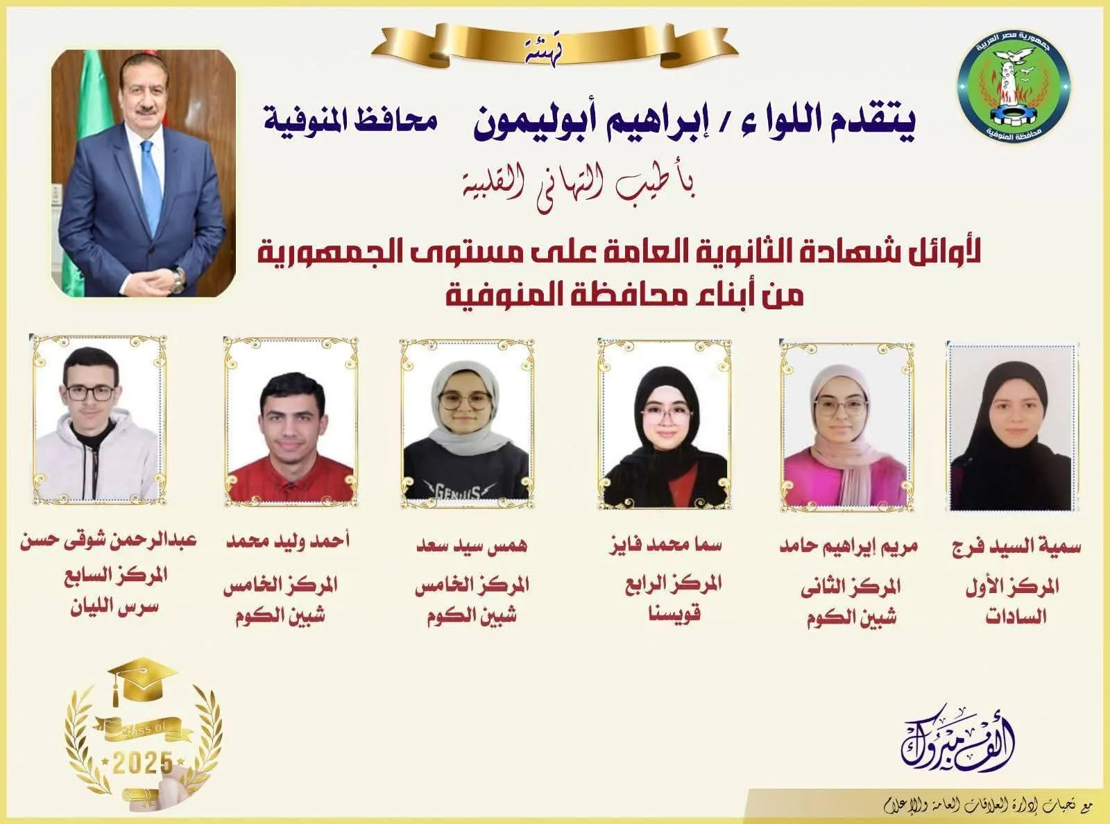محافظ المنوفية يبارك للطلاب المتفوقين في الثانوية العامة من المحافظة على حصولهم على مراكز مرموقة على مستوى البلاد محافظ المنوفية يبارك للطلاب المتفوقين في الثانوية العامة من المحافظة على حصولهم على مراكز مرموقة على مستوى البلاد
