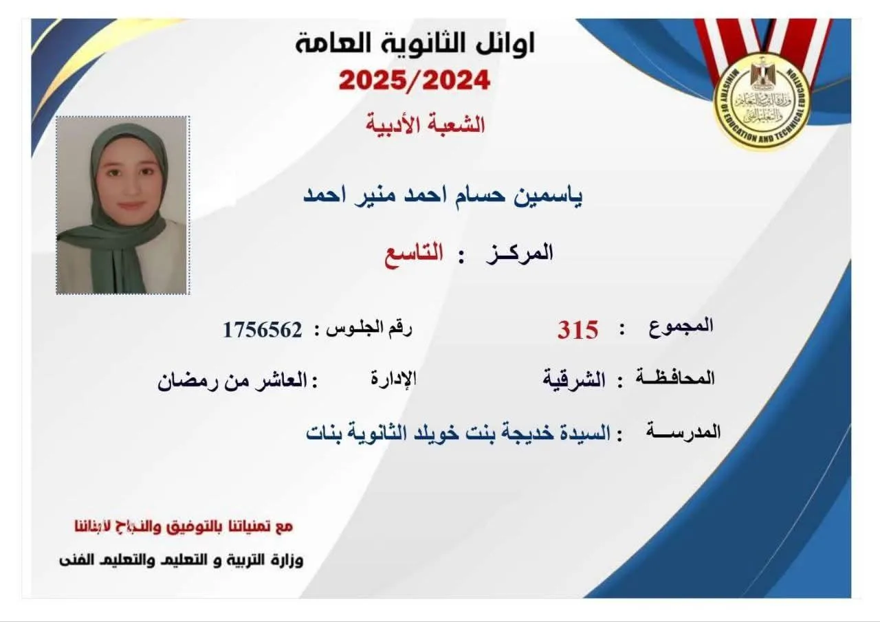 الاشمونى يبارك للطالبة ياسمين حسام أحمد بمناسبة تحقيقها المركز التاسع على مستوى الجمهورية في امتحانات الثانوية العامة الاشمونى يبارك للطالبة ياسمين حسام أحمد بمناسبة تحقيقها المركز التاسع على مستوى الجمهورية في امتحانات الثانوية العامة