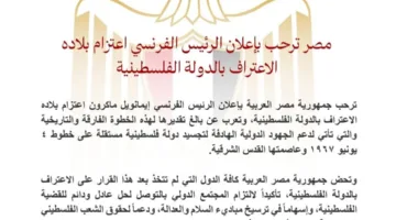 مصر تعبر عن تقديرها لإعلان الرئيس الفرنسي نية بلاده الاعتراف بالدولة الفلسطينية.