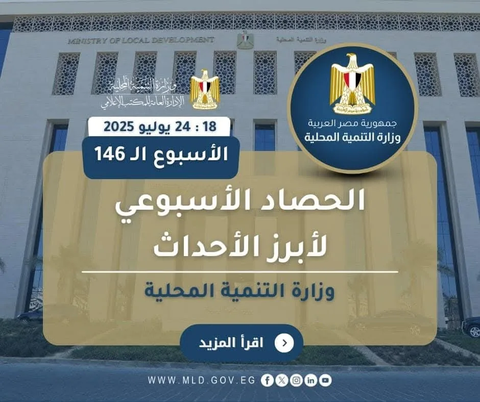 نشرة ملخص الأنشطة الأسبوعية لوزارة التنمية المحلية من 18 إلى 24 يوليو 2025 نشرة ملخص الأنشطة الأسبوعية لوزارة التنمية المحلية من 18 إلى 24 يوليو 2025