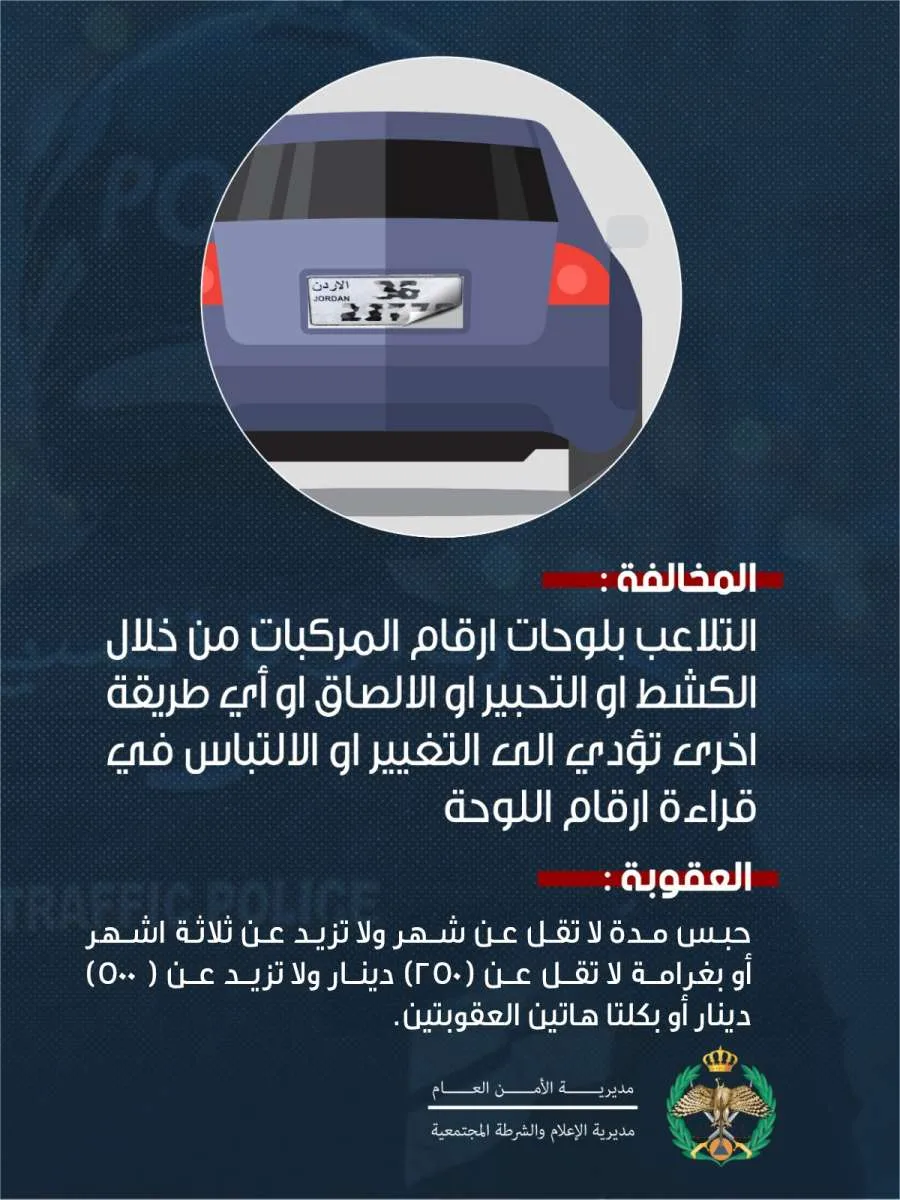 الأمن: إخفاء أو التلاعب بلوحات الأرقام يُعتبر سلوكًا مريبًا، وعقوبته تصل إلى 3 أشهر وغرامة تصل إلى 500 دينار.