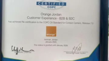 أورنج الأردن تواصل ريادتها العالمية في خدمة العملاء بحصولها على شهادة COPC للعام السادس على التوالي