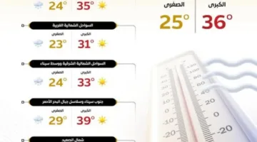أجواء اليوم مرتفعة الحرارة في معظم المناطق، رطوبة عالية على السواحل والقاهرة مع درجات حرارة تتراوح بين 36 و 24 درجة.