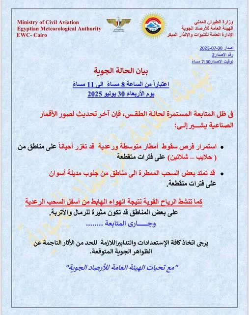 أمطار وعواصف رعدية ورياح تؤدي لرفع الأتربة تجتاح مصر في الساعات القادمة.. التفاصيل هنا.