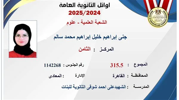 أوائل الثانوية العامة 2025: جنى إبراهيم، الحاصلة على المركز الثامن في شعبة العلوم، تعبر عن فرحتها الكبيرة وتطمح في دراسة الطب. أوائل الثانوية العامة 2025: جنى إبراهيم، الحاصلة على المركز الثامن في شعبة العلوم، تعبر عن فرحتها الكبيرة وتطمح في دراسة الطب.