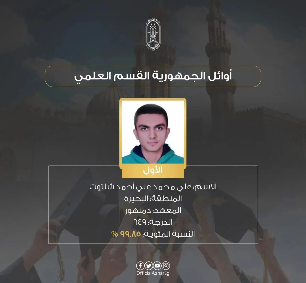 الأزهر يُعلن عن الأوائل في القسم العلمي من الثانوية الأزهرية الأزهر يُعلن عن الأوائل في القسم العلمي من الثانوية الأزهرية