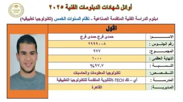 الطالب المتفوق في تكنولوجيا المعلومات بالدبلومات الفنية: “لم أكن أتوقع أن أكون من المتفوقين.. ووالدي كان دعمي الأساسي”