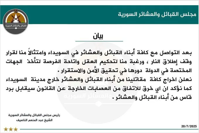 العشائر تتراجع عن موقفها في السويداء وتوجه تحذيراً: أي انتهاك سيقابل بعقوبة شديدة العشائر تتراجع عن موقفها في السويداء وتوجه تحذيراً: أي انتهاك سيقابل بعقوبة شديدة
