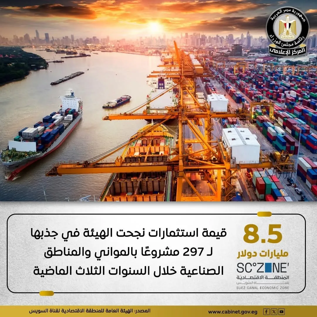 المنطقة الاقتصادية لقناة السويس تستقطب استثمارات بقيمة 8.5 مليار دولار