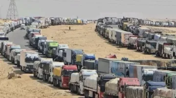 تكدس شاحنات الإغاثة المصرية أمام معبر رفح تمهيدًا لدخولها إلى قطاع غزة