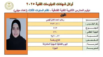 رحاب أحمد تتصدر قائمة الجمهورية في دبلوم الفنادق: حفظ القرآن وإدارة الوقت وراء نجاحي
