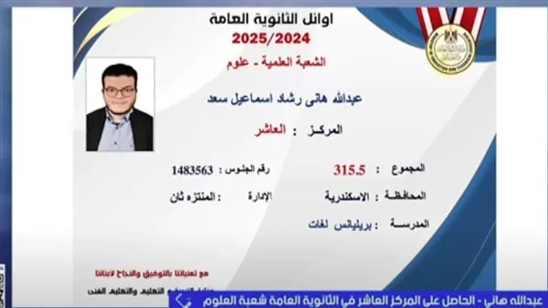 عبدالله هاني يحتل المركز العاشر في شعبة العلوم: نجاحي بفضل توفيق الله.. وأطمح لدراسة الطب. عبدالله هاني يحتل المركز العاشر في شعبة العلوم: نجاحي بفضل توفيق الله.. وأطمح لدراسة الطب.