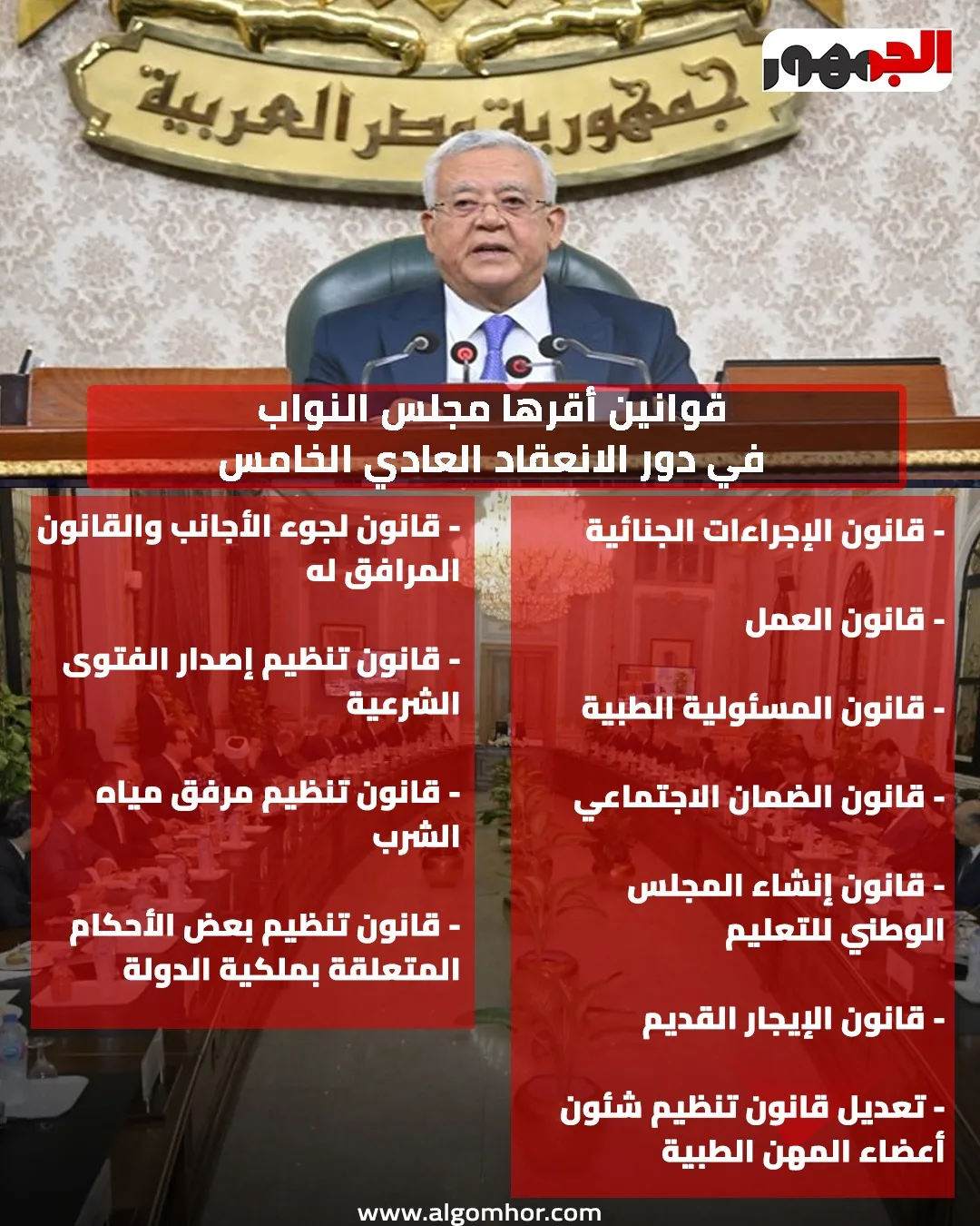 قوانين تمت الموافقة عليها من قبل مجلس النواب خلال الدورة العادية الخامسة (إنفوجراف) قوانين تمت الموافقة عليها من قبل مجلس النواب خلال الدورة العادية الخامسة (إنفوجراف)