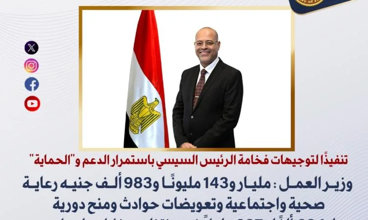 وزير العمل: تخصيص مليار جنيه لتقديم منح وتعويضات ورعاية صحية للعمالة غير المستقرة وزير العمل: تخصيص مليار جنيه لتقديم منح وتعويضات ورعاية صحية للعمالة غير المستقرة