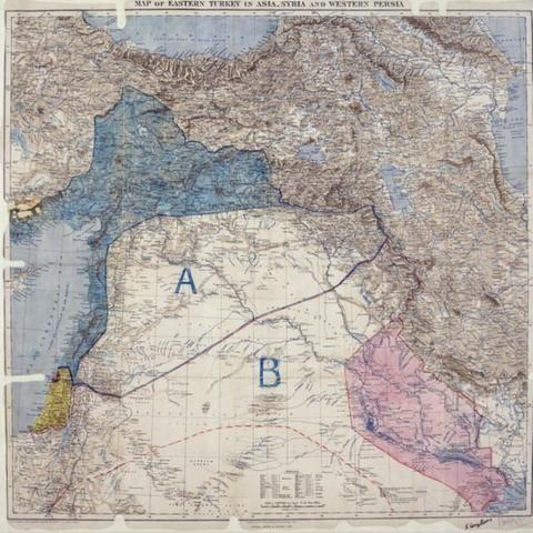 خريطة سايكس بيكو السرية الأصلية لعام 1916 وفيها المنطقة (A) مخصصة لفرنسا، والمنطقة (B) مخصصة لبريطانيا