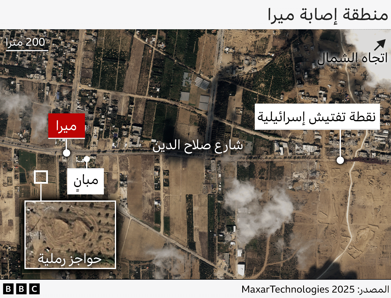 صورة بالأقمار الصناعية موضح بها موقع إصابة ميرا عند تقاطع الطرق على الجانب الأيسر من الصورة، ونقطة التفتيش الإسرائيلية على بعد نحو كيلومتر واحد على طريق صلاح الدين، على الجانب الأيمن. بالقرب من التقاطع، تظهر الحواجز الرملية محددة في صورة مكبرة، كما تم تحديد المباني.
